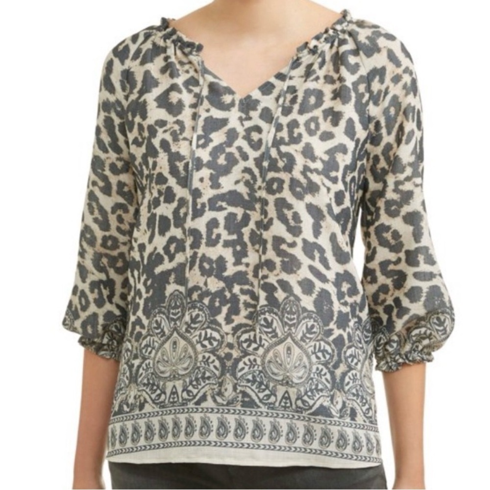 Como Vintage Women’s Blouse Leopard Gathered Scoop Neck with Tie Top Size-L